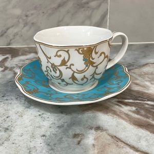 EUC Grace's Teaware China Cup & Saucer Teal Blue Grapes, Berries Vine Scroll 8oz